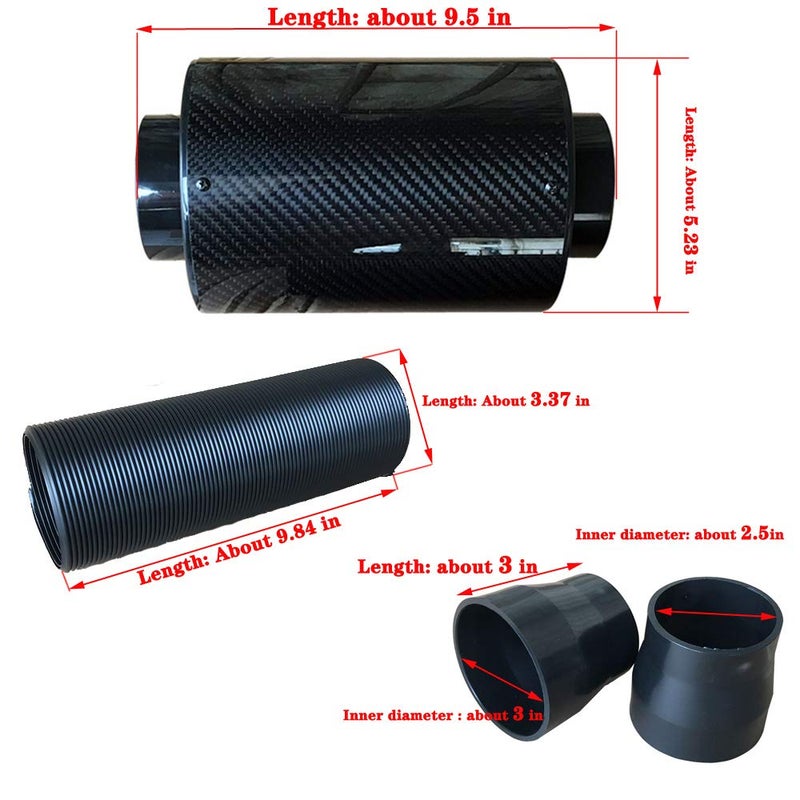 Aiydachy Universal Induction Pipe Hose Kit Intake Air Filter, Universal Car 3" Carbon Fibre Cold Air Filter Feed Enclosed Intake Induction Pipe Hose Kit - Image 3